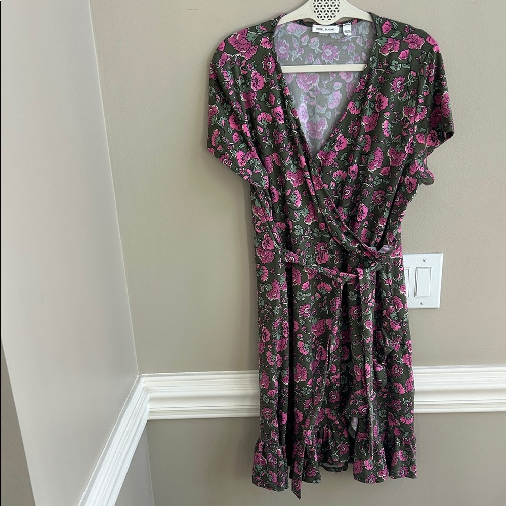 Rebel Sugar Ruffle Floral Green Pink Dress Size 2X